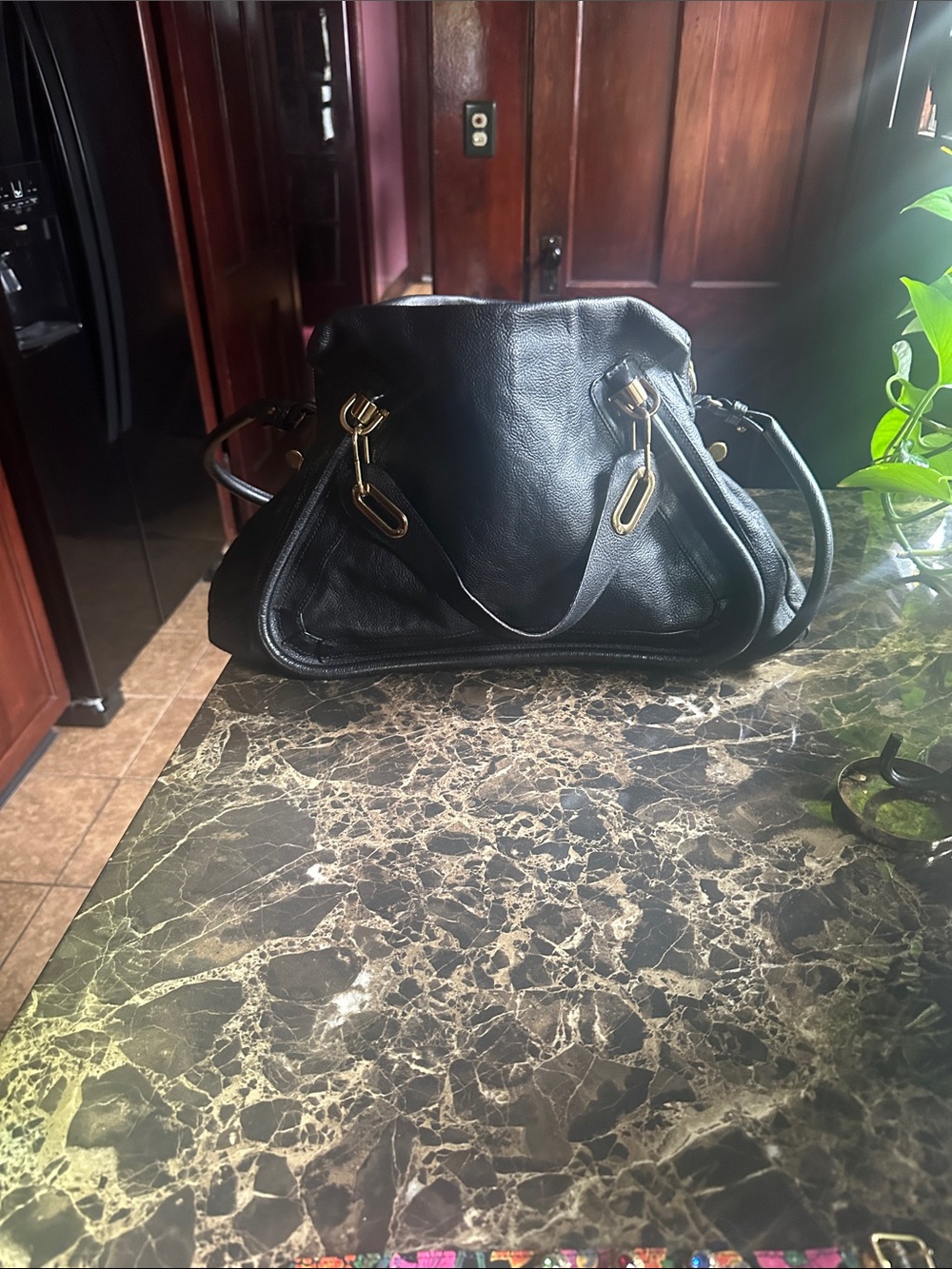 Black Leather handbag with Gold Hardware - Women's Bag “Chloe”.